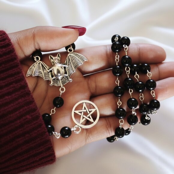 Goth Bat Rosary Style Witchy Vampire Victorian Pentagram Fashion Necklace NWOT - Picture 4 of 9